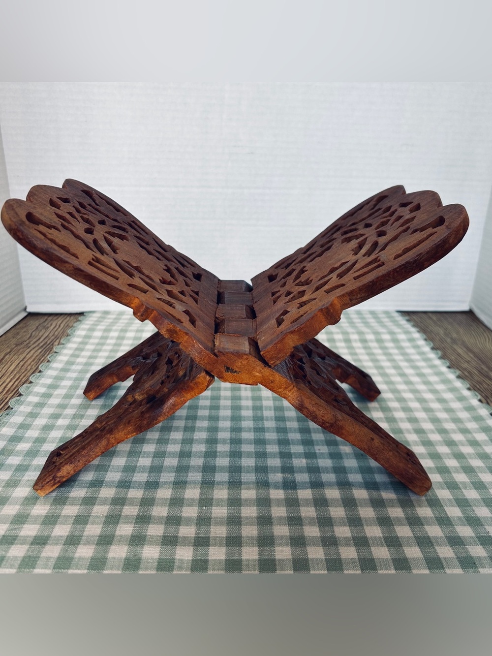 Hand-Carved Folding Wooden Book or Tablet Stand - Brown